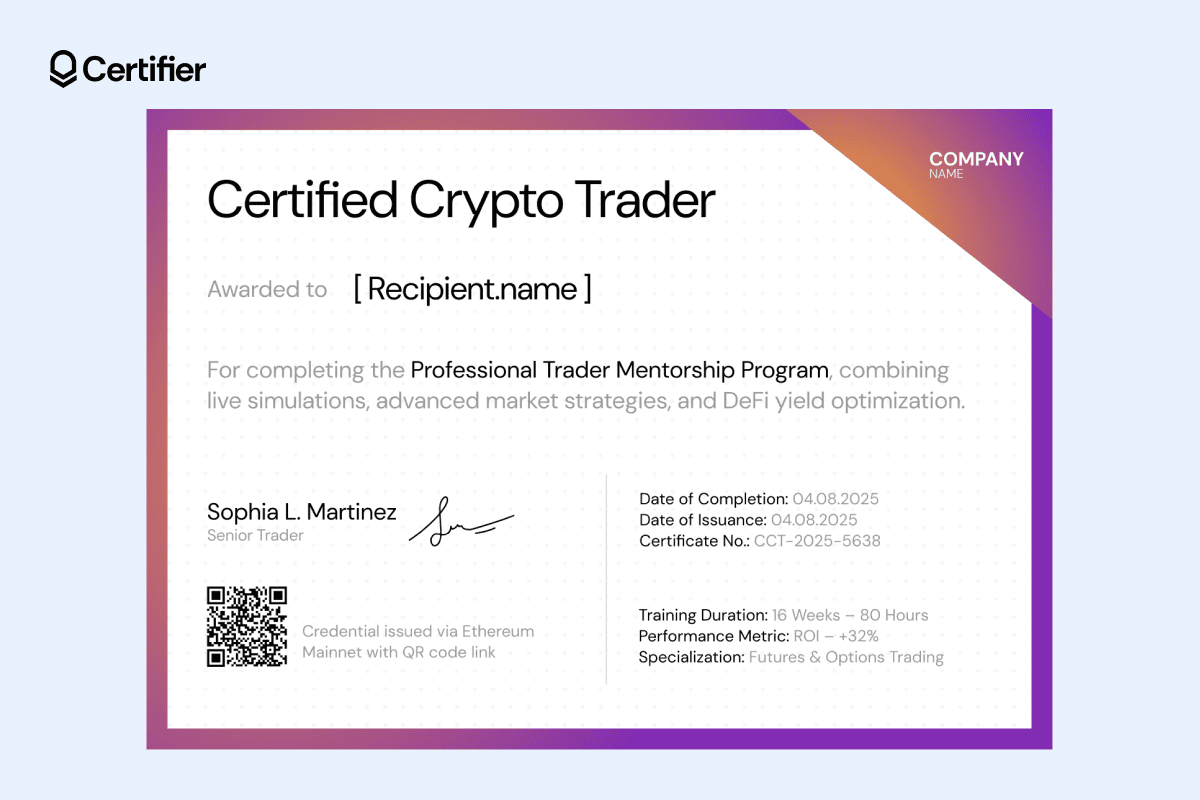 Modern trading certificate PDF with a clean white background, gradient purple–orange border and integrated QR code for blockchain-based validation. Modern trading certificate PDF with a clean white background, gradient purple–orange border and integrated QR code for blockchain-based validation.