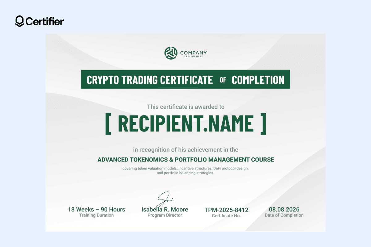 Light-gray crypto trading certificate with geometric shading, deep green title bar and bold recipient section that emphasizes achievement and clarity. Light-gray crypto trading certificate with geometric shading, deep green title bar and bold recipient section that emphasizes achievement and clarity.