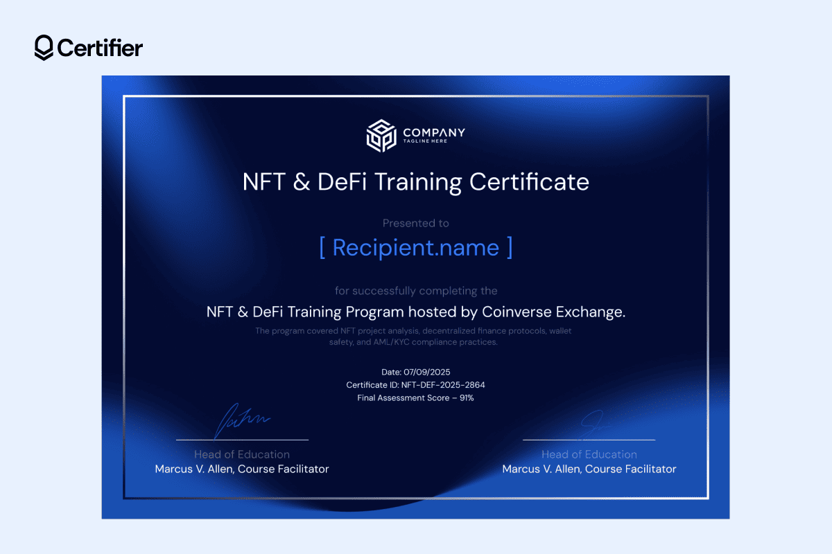 Sophisticated crypto certificate with a deep navy background, soft metallic border and subtle gradient finish that exudes confidence and precision. Sophisticated crypto certificate with a deep navy background, soft metallic border and subtle gradient finish that exudes confidence and precision.