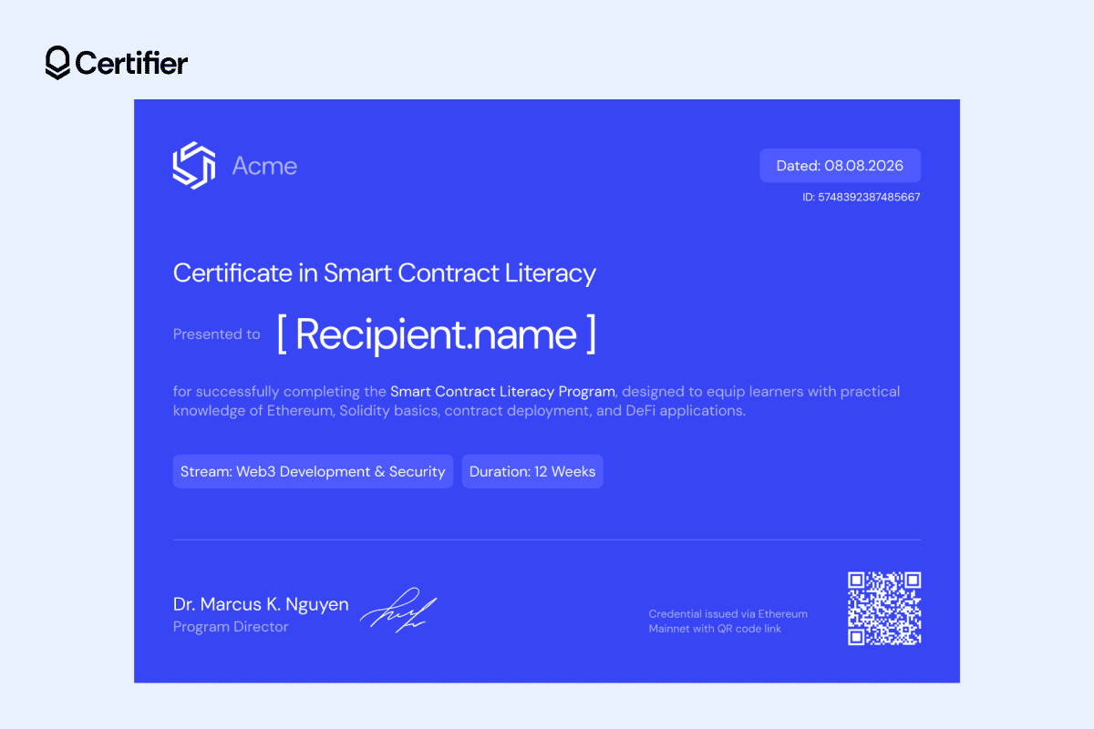 Electric-blue crypto certificate with sleek typography, smart layout and an integrated QR code designed for effortless digital validation and sharing. Electric-blue crypto certificate with sleek typography, smart layout and an integrated QR code designed for effortless digital validation and sharing.