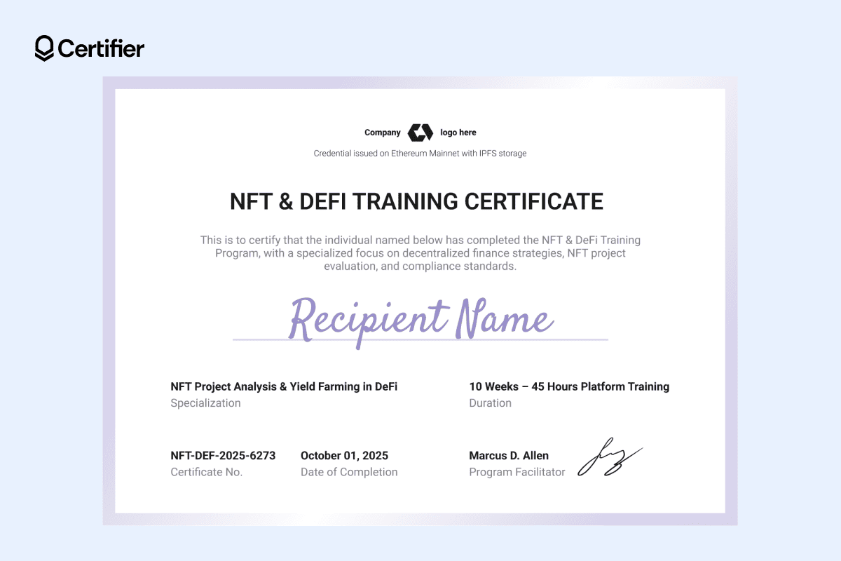 Neutral crypto certificate with a bright white base, soft gradient border and structured layout designed for easy customization. Neutral crypto certificate with a bright white base, soft gradient border and structured layout designed for easy customization.