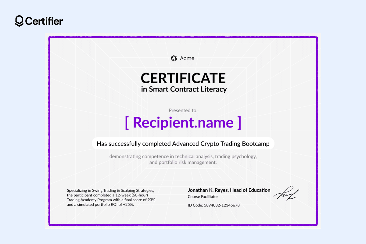 Clean crypto certificate with a white background, violet border and subtle geometric grid for a polished, technical touch. Clean crypto certificate with a white background, violet border and subtle geometric grid for a polished, technical touch.