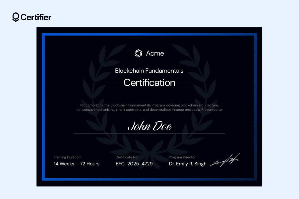 Refined crypto certificate with a deep charcoal background, soft laurel watermark and electric-blue frame for a formal, high-contrast finish. Refined crypto certificate with a deep charcoal background, soft laurel watermark and electric-blue frame for a formal, high-contrast finish.