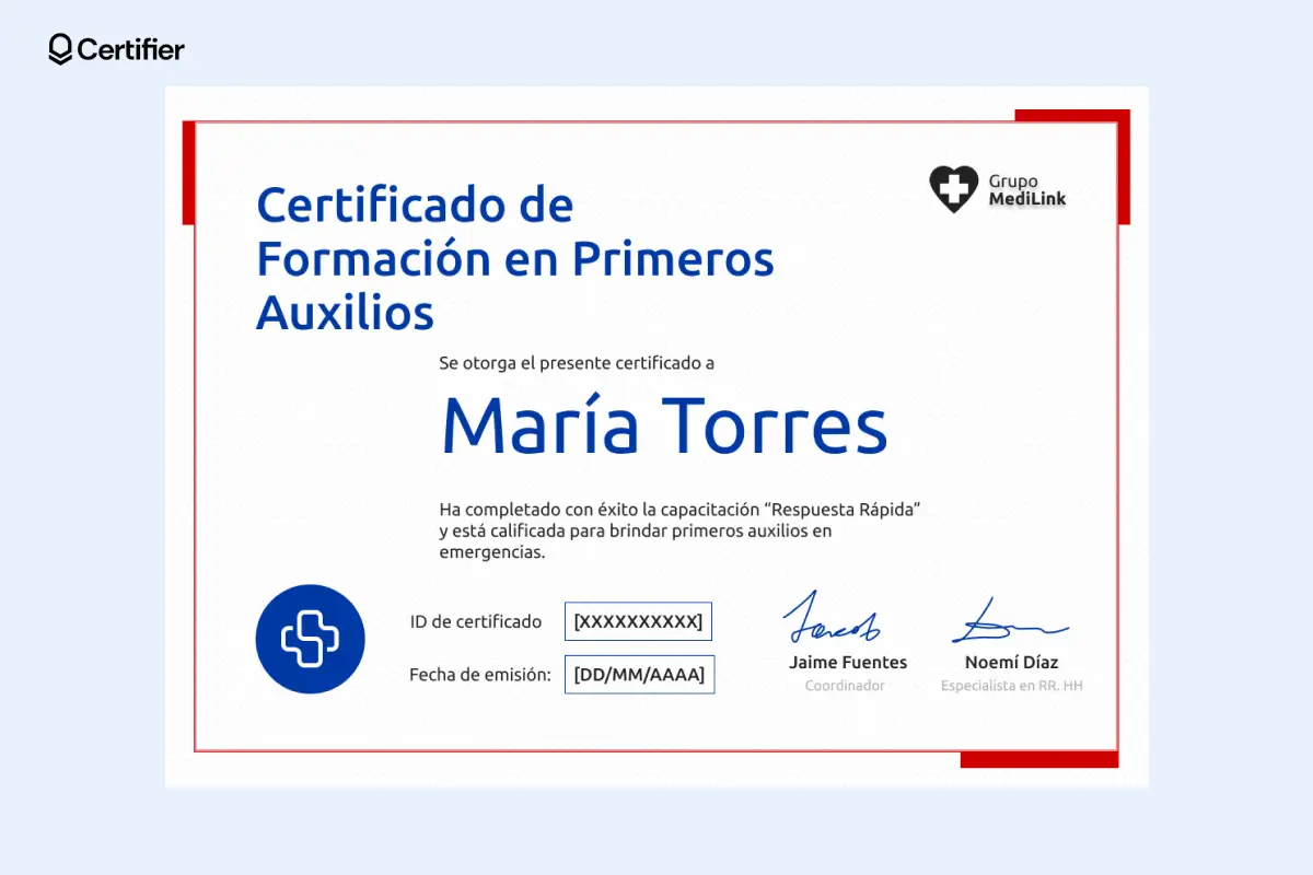 Certificado de primeros auxilios para editar con borde rojo y espacio para firmas del coordinador y RR.HH. Certificado de primeros auxilios para editar con borde rojo y espacio para firmas del coordinador y RR.HH.