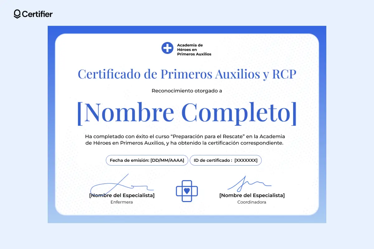 Certificado de capacitacion de primeros auxilios con borde azul, firmas y título destacado. Certificado de capacitacion de primeros auxilios con borde azul, firmas y título destacado.
