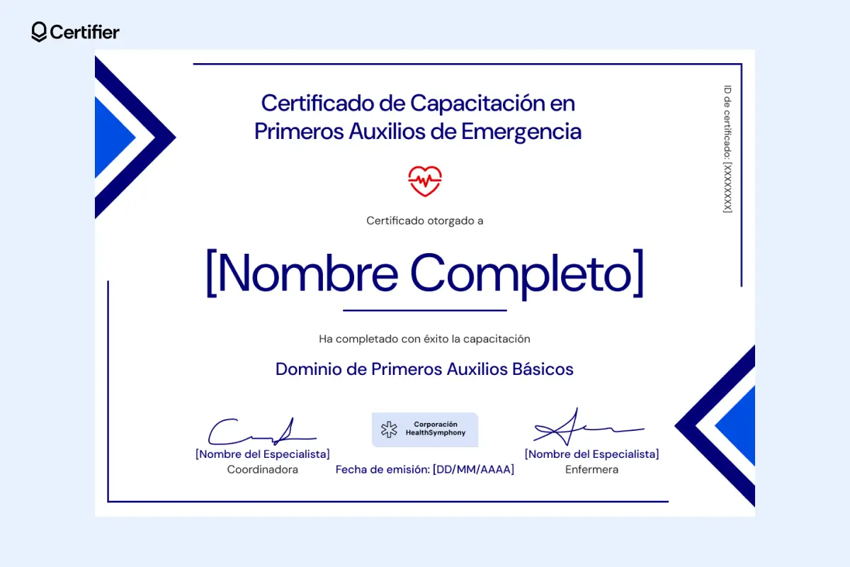 Certificado de primeros auxilios con diseño geométrico azul, campos editables y enfoque en formación continua. Certificado de primeros auxilios con diseño geométrico azul, campos editables y enfoque en formación continua.