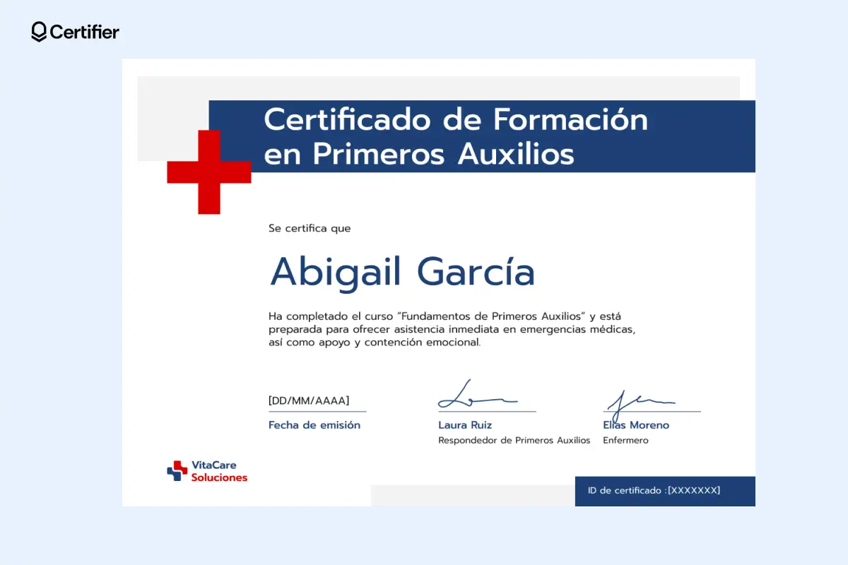 Modelo de certificado de primeros auxilios con encabezado azul, campos para nombre, fecha y firmas. Modelo de certificado de primeros auxilios con encabezado azul, campos para nombre, fecha y firmas.