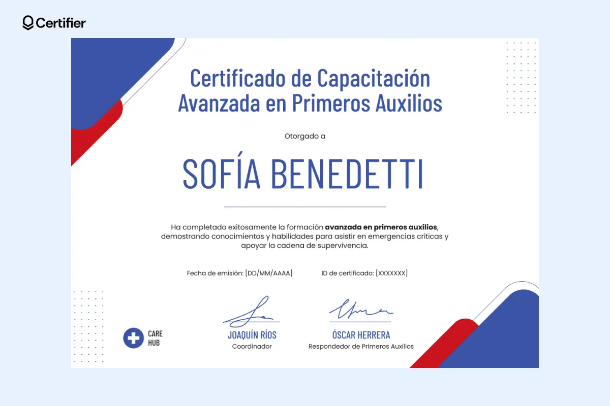 Certificado de profesionalidad primeros auxilios con diseño en rojo y azul, campos personalizables y firmas oficiales. Certificado de profesionalidad primeros auxilios con diseño en rojo y azul, campos personalizables y firmas oficiales.