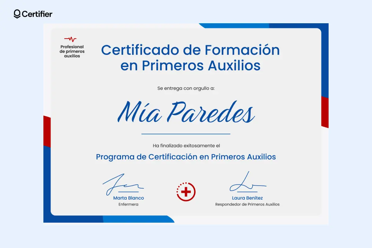 Certificado de primeros auxilios PDF con detalles en rojo y azul, y espacio para firmas. Certificado de primeros auxilios PDF con detalles en rojo y azul, y espacio para firmas.