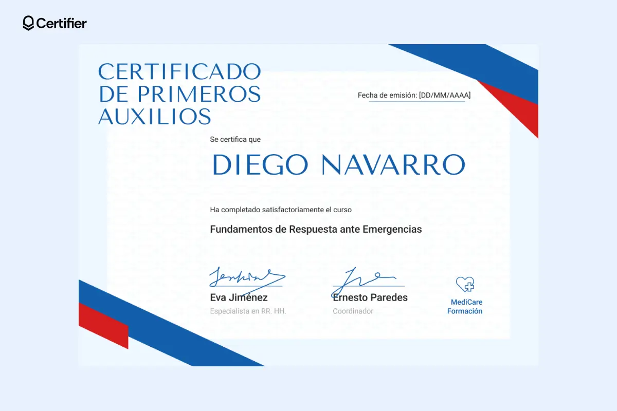 Certificado de cpr y primeros auxilios con detalles angulares azules y espacio para información del curso. Certificado de cpr y primeros auxilios con detalles angulares azules y espacio para información del curso.