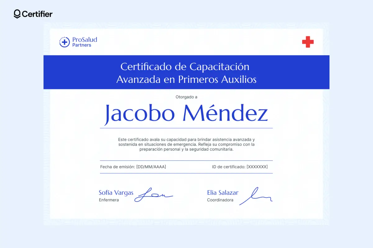 Certificado de profesionalidad primeros auxilios editable con campos para nombre, fechas y firmas del coordinador o personal médico. Certificado de profesionalidad primeros auxilios editable con campos para nombre, fechas y firmas del coordinador o personal médico.