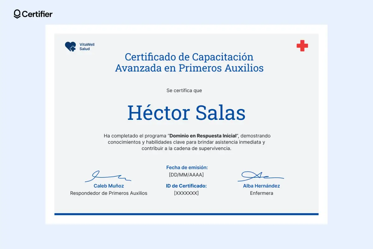 Certificado de primeros auxilios pdf con encabezado azul oscuro y campos de firma. Certificado de primeros auxilios pdf con encabezado azul oscuro y campos de firma.