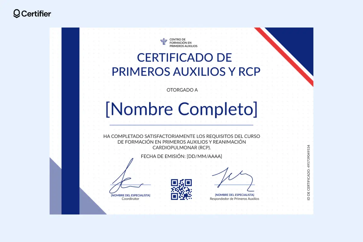 Plantilla de certificado de cpr y primeros auxilios con borde azul, campos de firma y código QR para verificación digital. Plantilla de certificado de cpr y primeros auxilios con borde azul, campos de firma y código QR para verificación digital.