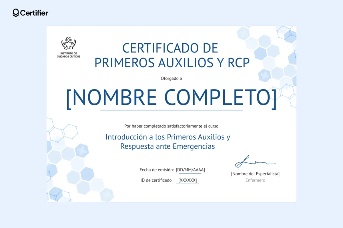 Certificado de cpr y primeros auxilios con elementos hexagonales y campos de firma para enfermería y formadores. Certificado de cpr y primeros auxilios con elementos hexagonales y campos de firma para enfermería y formadores.