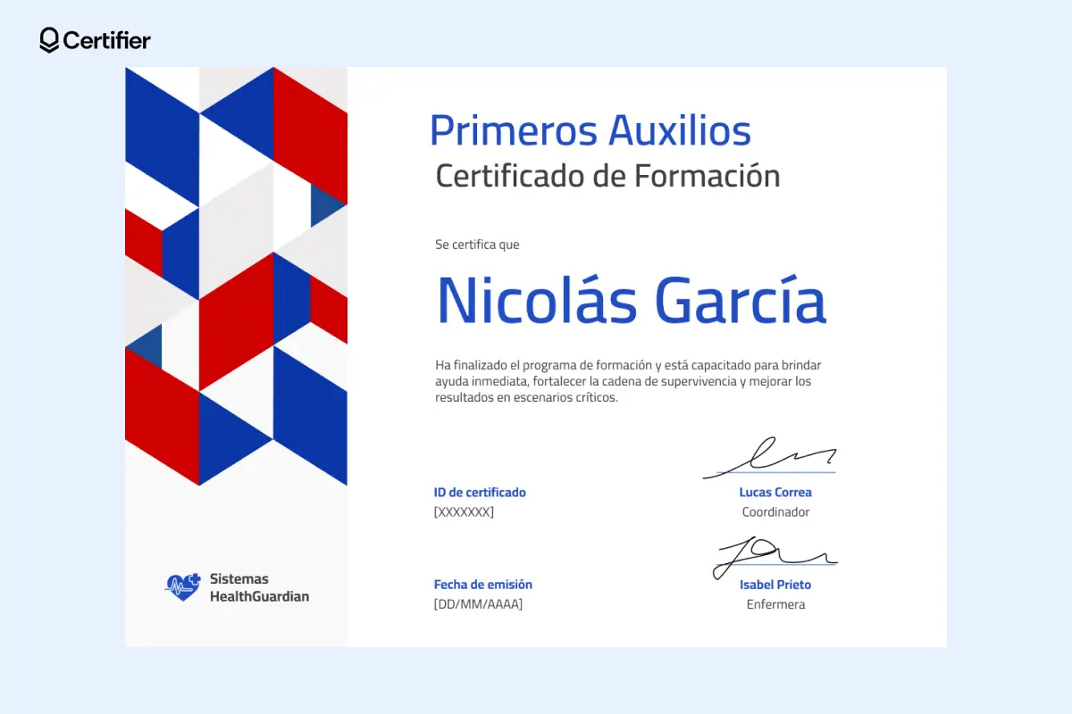 Certificado de primeros auxilios con diseño geométrico tricolor para reconocer a defensores de la seguridad pública. Certificado de primeros auxilios con diseño geométrico tricolor para reconocer a defensores de la seguridad pública.