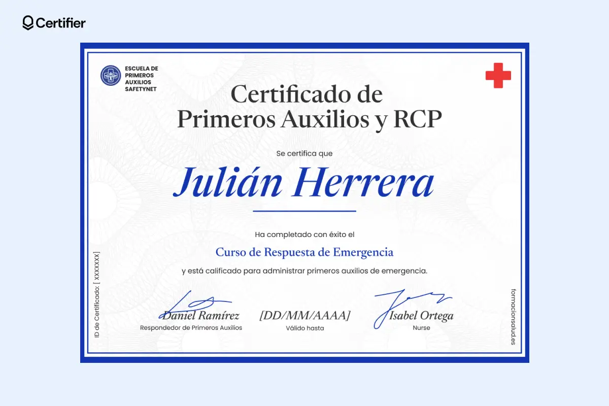 Modelo de certificado de primeros auxilios pdf con borde azul, detalles en rojo y espacio para datos del destinatario. Modelo de certificado de primeros auxilios pdf con borde azul, detalles en rojo y espacio para datos del destinatario.