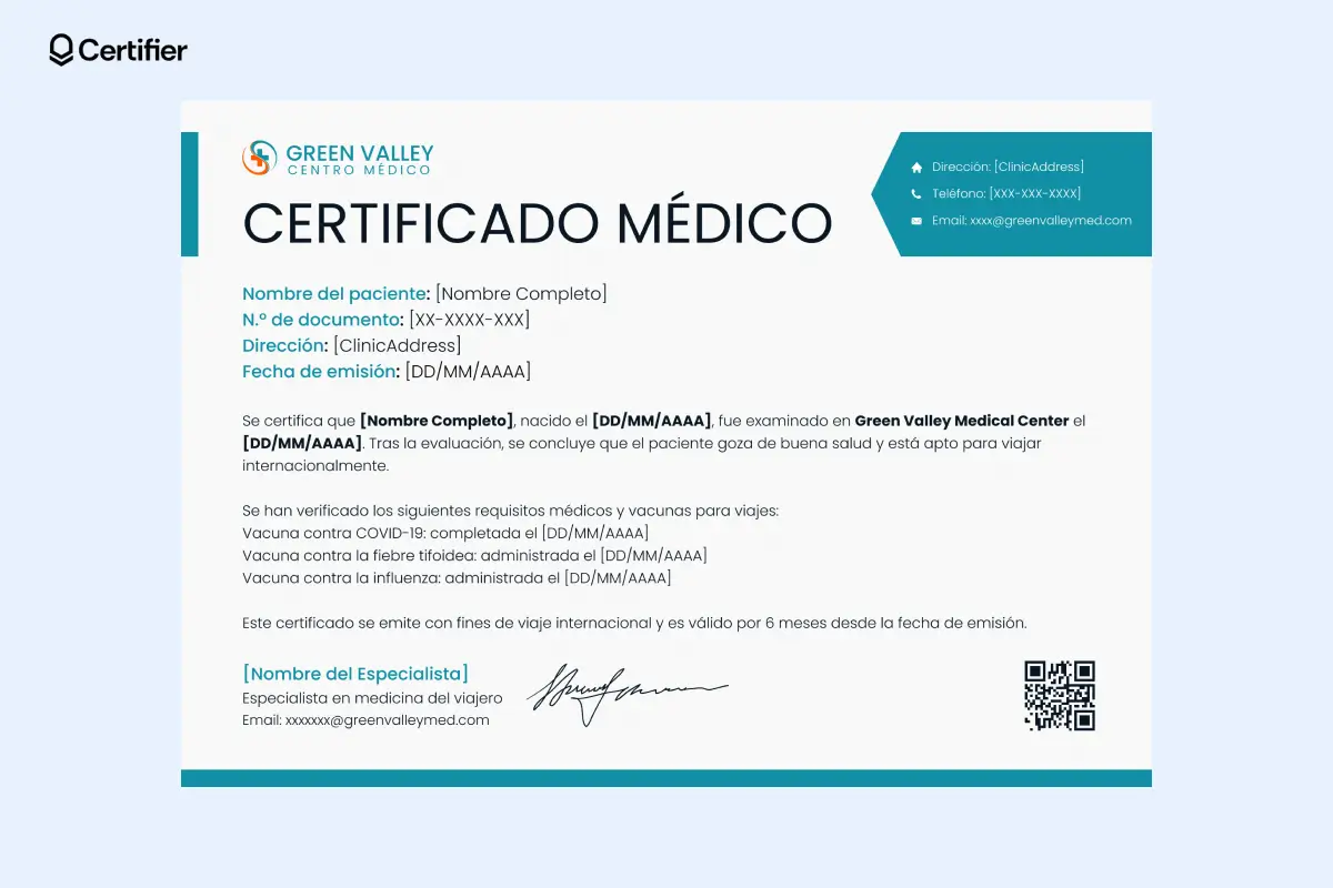 Modelo de certificado médico con detalles en verde azulado, ideal para confirmar vacunas previas a viajes. Modelo de certificado médico con detalles en verde azulado, ideal para confirmar vacunas previas a viajes.