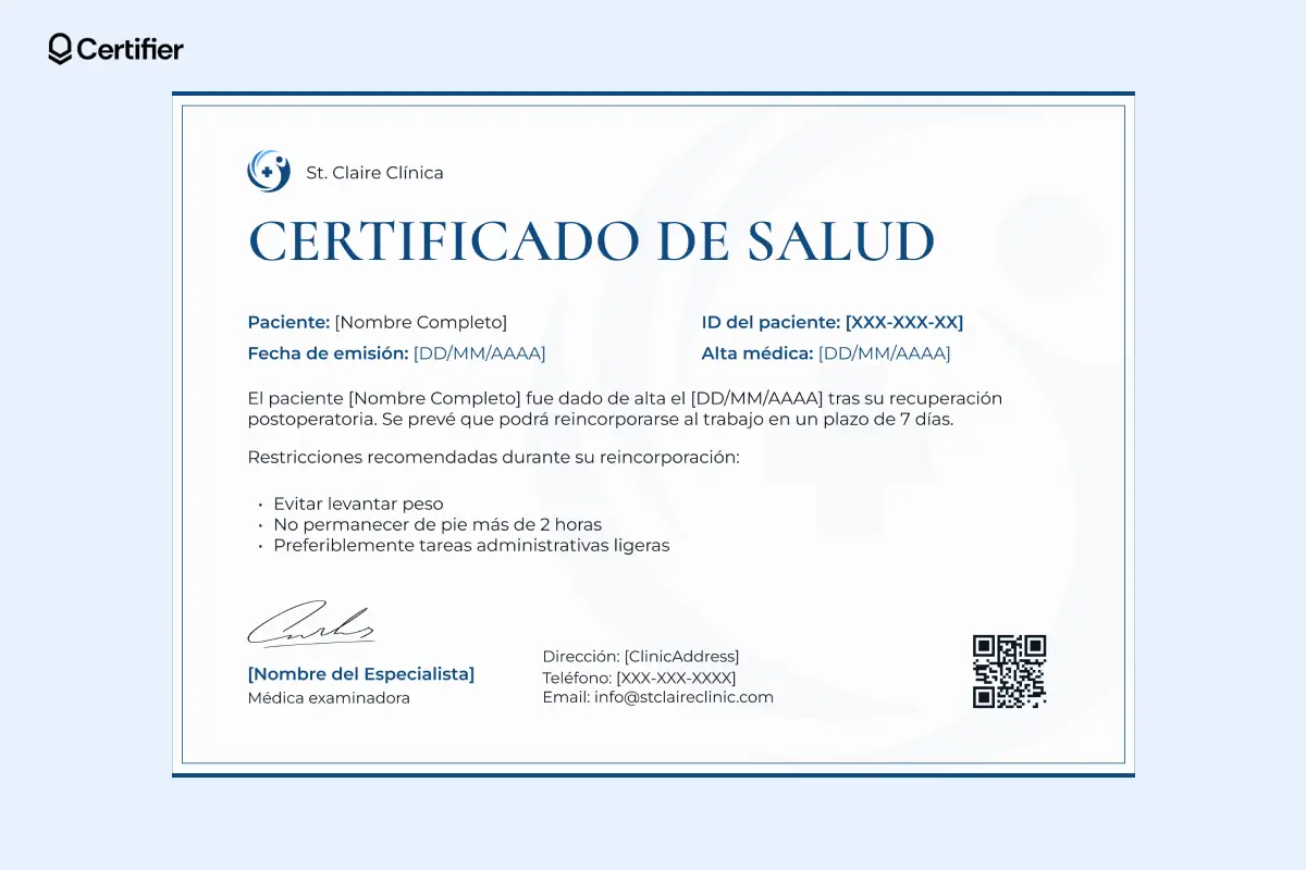 Certificado médico de buena salud con código QR y restricciones laborales tras una cirugía, ideal como plantilla para modelo de certificado médico. Certificado médico de buena salud con código QR y restricciones laborales tras una cirugía, ideal como plantilla para modelo de certificado médico.