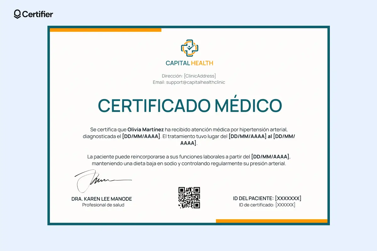 Plantilla gratuita de modelo de certificado médico en naranja, ideal para documentar el tratamiento de hipertensión. Plantilla gratuita de modelo de certificado médico en naranja, ideal para documentar el tratamiento de hipertensión.