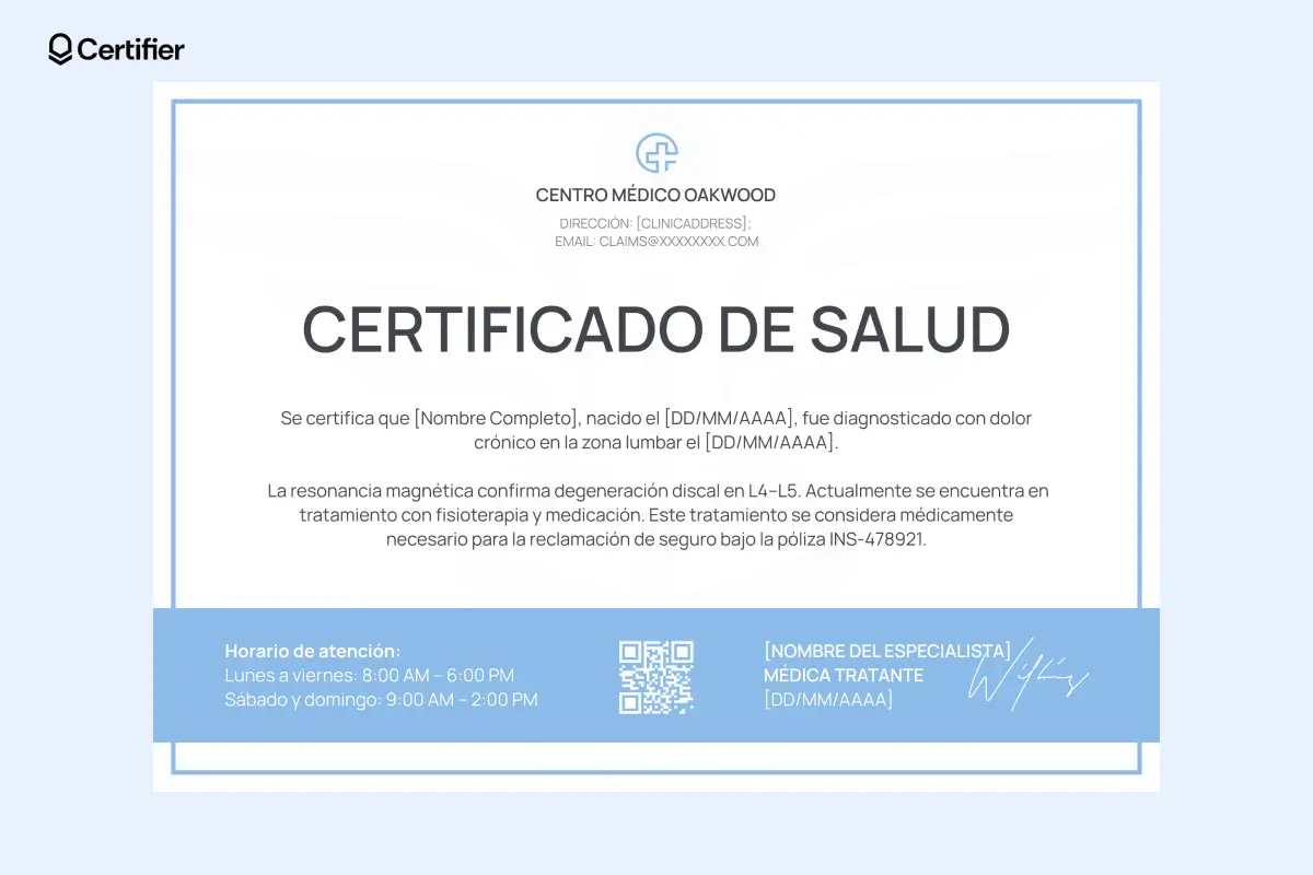 Certificado de salud gratuito que confirma diagnóstico y tratamiento, ideal como modelo de certificado medico editable con QR. Certificado de salud gratuito que confirma diagnóstico y tratamiento, ideal como modelo de certificado medico editable con QR.