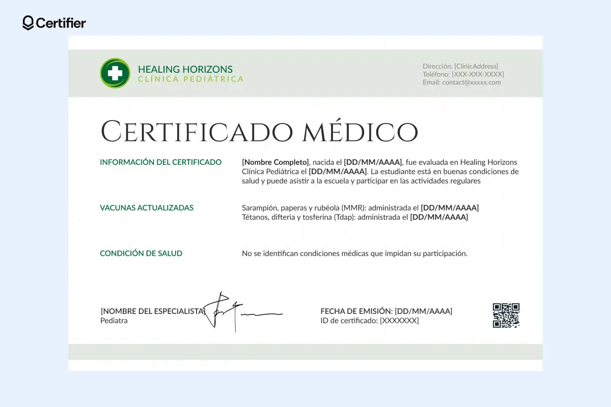 Certificado en verde y blanco que confirma vacunas y salud escolar, perfecto como modelo de certificado medico de buena salud. Certificado en verde y blanco que confirma vacunas y salud escolar, perfecto como modelo de certificado medico de buena salud.