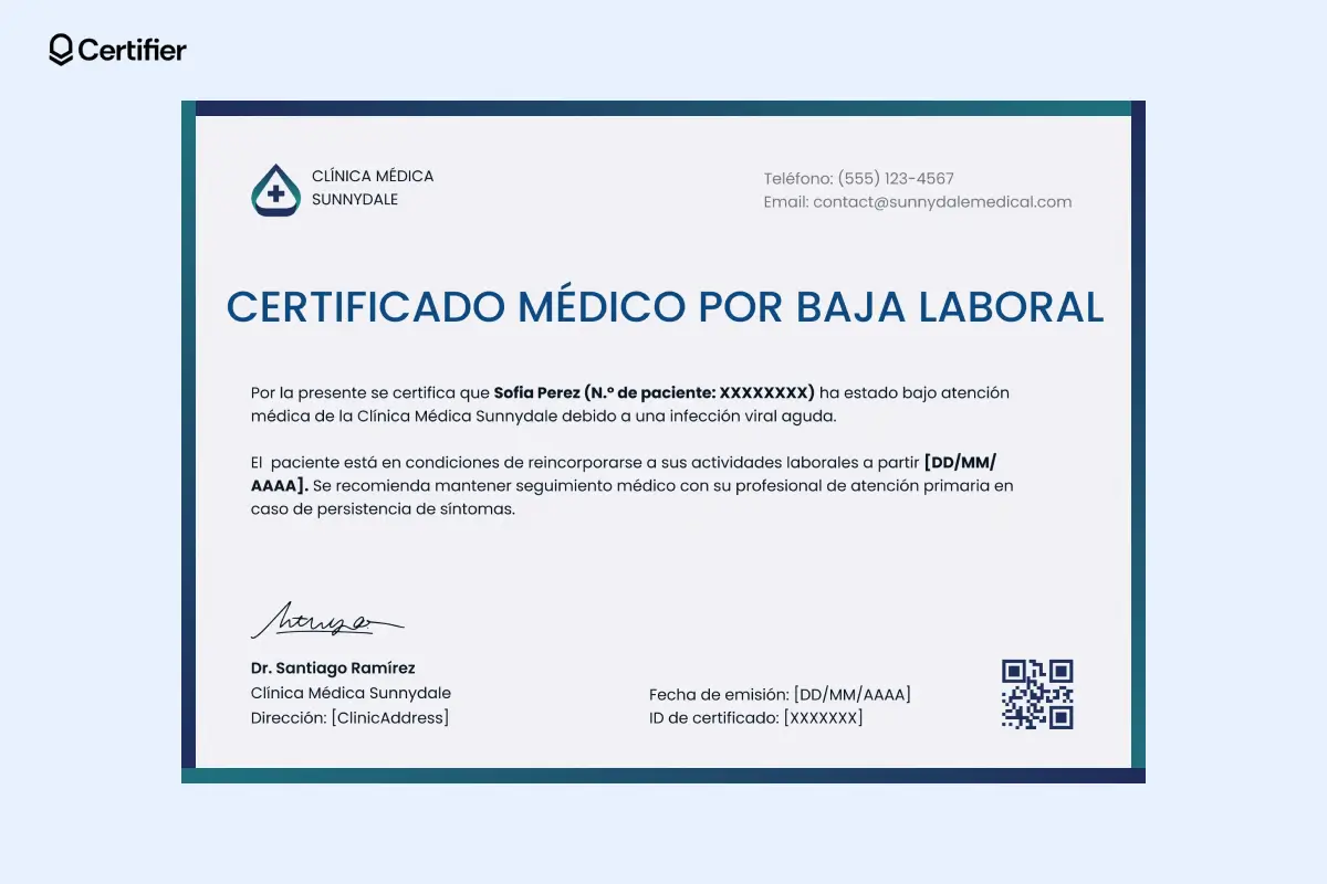 Certificado medico ejemplo azul con código QR, ideal como modelo de certificado medico de reposo. Certificado medico ejemplo azul con código QR, ideal como modelo de certificado medico de reposo.