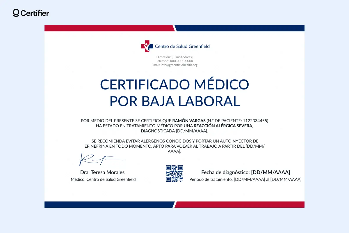 Certificado médico ejemplo para reposo con recomendaciones para evitar alérgenos, incluye QR y espacio para logotipo. Certificado médico ejemplo para reposo con recomendaciones para evitar alérgenos, incluye QR y espacio para logotipo.