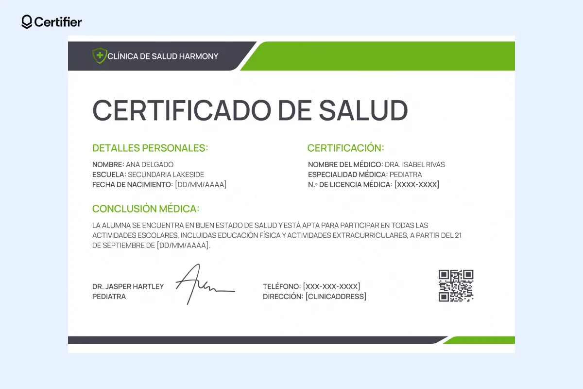 Modelo de certificado médico en blanco para imprimir que certifica la buena salud de un estudiante para actividades escolares. Modelo de certificado médico en blanco para imprimir que certifica la buena salud de un estudiante para actividades escolares.