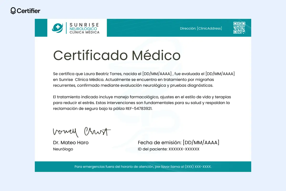 Certificado blanco y verde azulado para tratamiento de migrañas, perfecto como modelo de certificado medico de reposo. Certificado blanco y verde azulado para tratamiento de migrañas, perfecto como modelo de certificado medico de reposo.