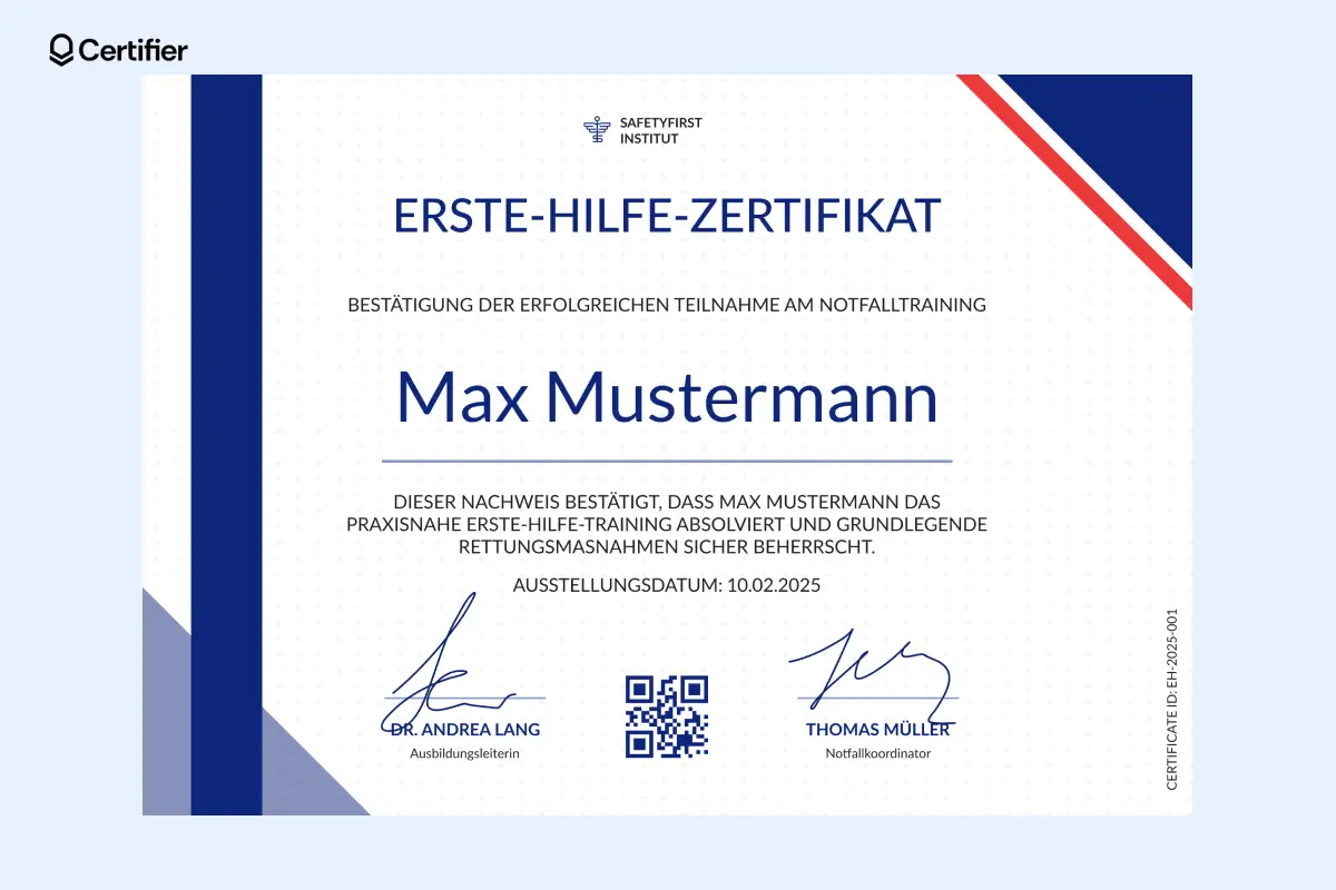 Zertifikat für abgeschlossene Erste-Hilfe- oder CPR-Schulung mit Unterschriftsfeldern und blauem Design aus dem Certifier-Editor. Zertifikat für abgeschlossene Erste-Hilfe- oder CPR-Schulung mit Unterschriftsfeldern und blauem Design aus dem Certifier-Editor.
