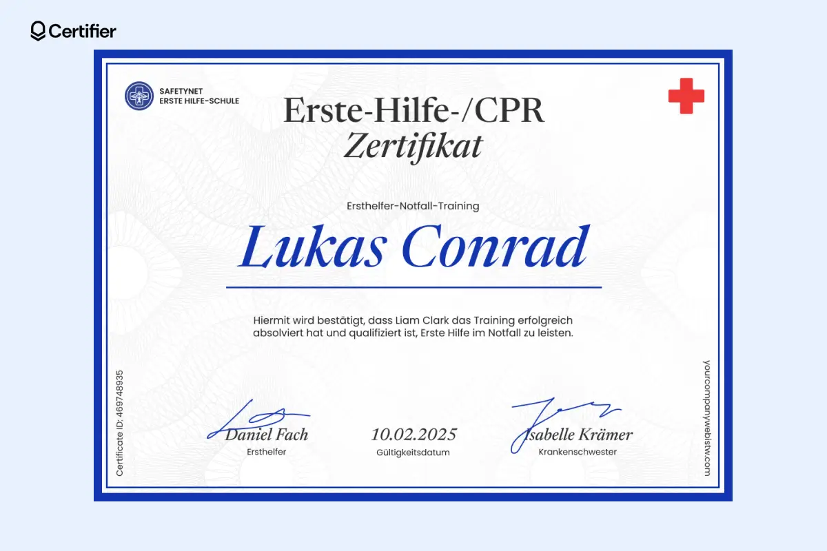 Erste-Hilfe-/CPR-Zertifikat Vorlage mit blauem Rahmen, rotem Akzent und Platzhaltern für Name, Datum und Signatur. Erste-Hilfe-/CPR-Zertifikat Vorlage mit blauem Rahmen, rotem Akzent und Platzhaltern für Name, Datum und Signatur.