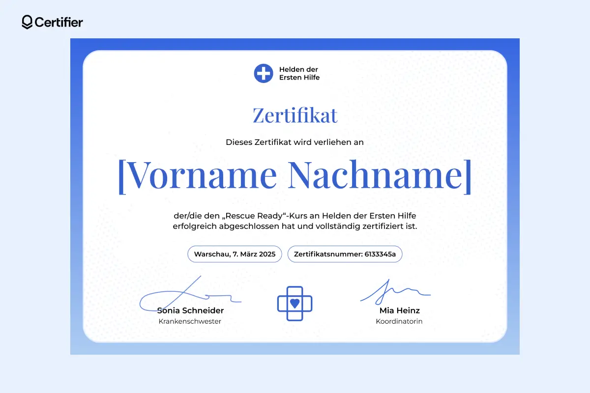 Erste-Hilfe-/CPR-Zertifikat mit blauem Rahmen und Unterschriftsfeldern. Erste-Hilfe-/CPR-Zertifikat mit blauem Rahmen und Unterschriftsfeldern.