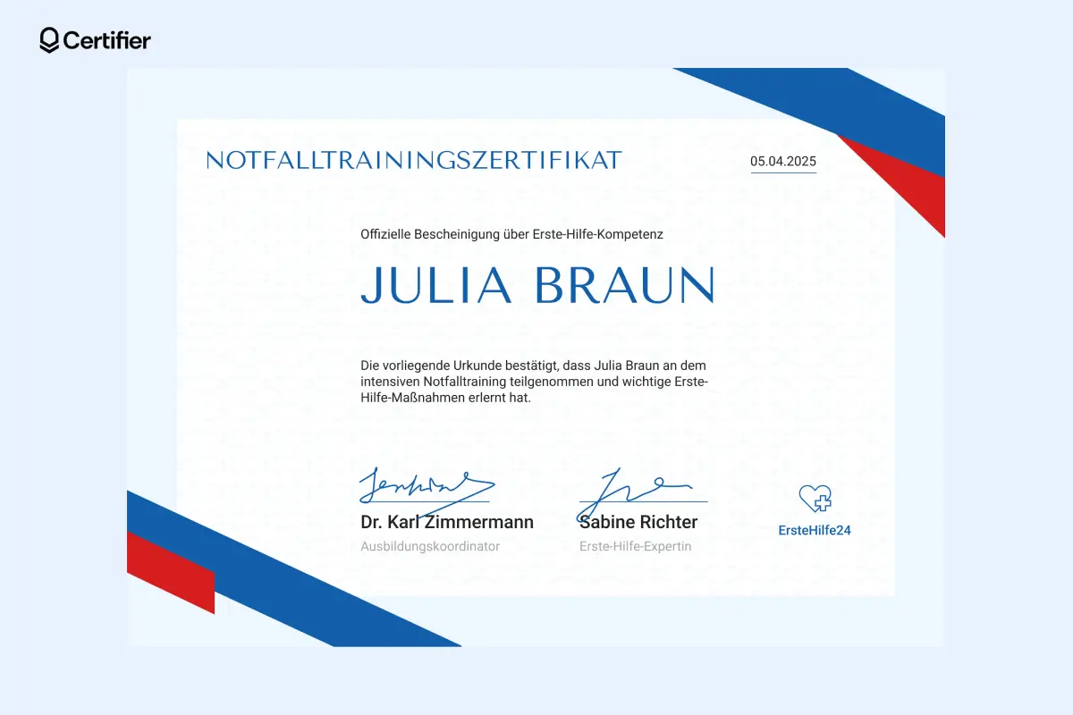Erste-Hilfe-/CPR-Zertifikat Vorlage mit blauen, eckigen Designelementen, Platz für Kursdetails und Signaturen. Erste-Hilfe-/CPR-Zertifikat Vorlage mit blauen, eckigen Designelementen, Platz für Kursdetails und Signaturen.