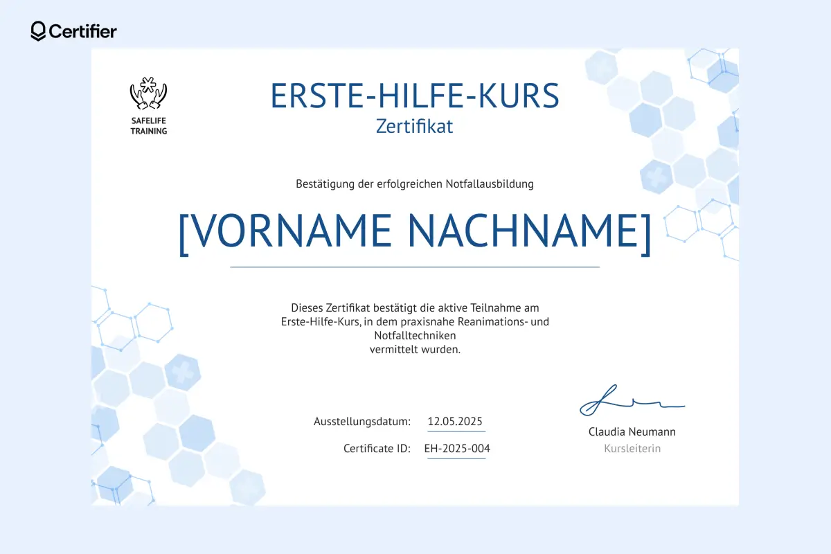 CPR-/Erste-Hilfe-Zertifikat Vorlage mit blauem Wabendesign und Unterschriftsfeldern für medizinisches Personal. CPR-/Erste-Hilfe-Zertifikat Vorlage mit blauem Wabendesign und Unterschriftsfeldern für medizinisches Personal.