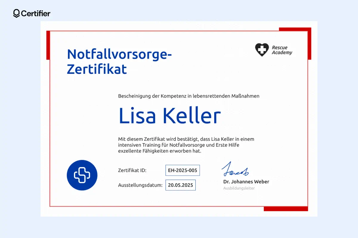 Erste-Hilfe-Zertifikat Vorlage mit rotem Seitenrand und Feldern für Unterschriften von Koordinator und HR. Erste-Hilfe-Zertifikat Vorlage mit rotem Seitenrand und Feldern für Unterschriften von Koordinator und HR.