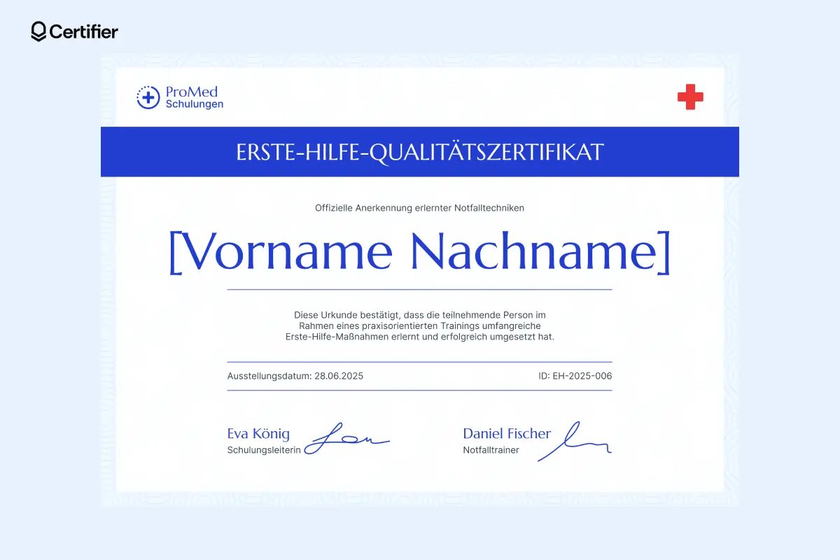 CPR- und Erste-Hilfe-Zertifikat Vorlage mit blauem Rand, Signaturfeldern und QR-Code zur digitalen Verifizierung. CPR- und Erste-Hilfe-Zertifikat Vorlage mit blauem Rand, Signaturfeldern und QR-Code zur digitalen Verifizierung.