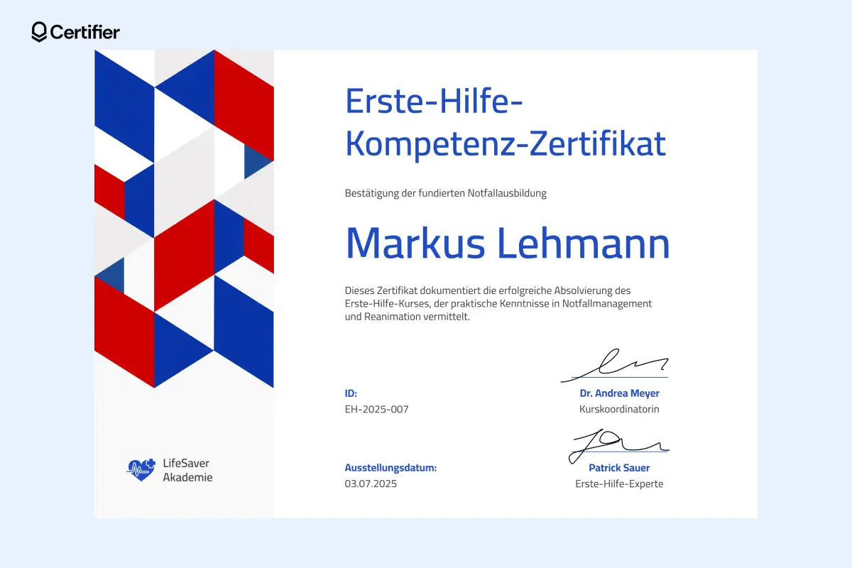 Erste-Hilfe-Zertifikat Vorlage mit rotem, weißem und blauem geometrischen Muster. Erste-Hilfe-Zertifikat Vorlage mit rotem, weißem und blauem geometrischen Muster.