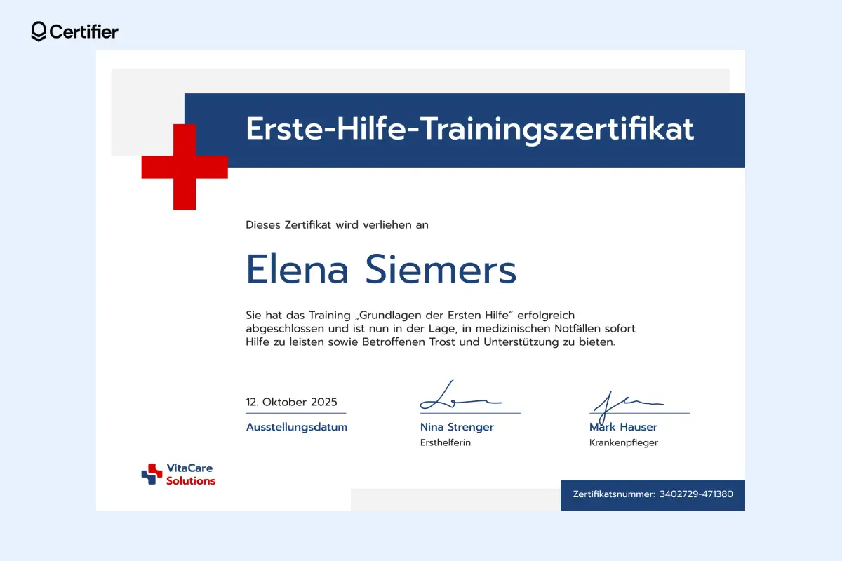 Erste-Hilfe-Zertifikat Vorlage mit blauem Kopfbereich sowie Feldern für Name, Abschlussdatum und Unterschriften. Erste-Hilfe-Zertifikat Vorlage mit blauem Kopfbereich sowie Feldern für Name, Abschlussdatum und Unterschriften.