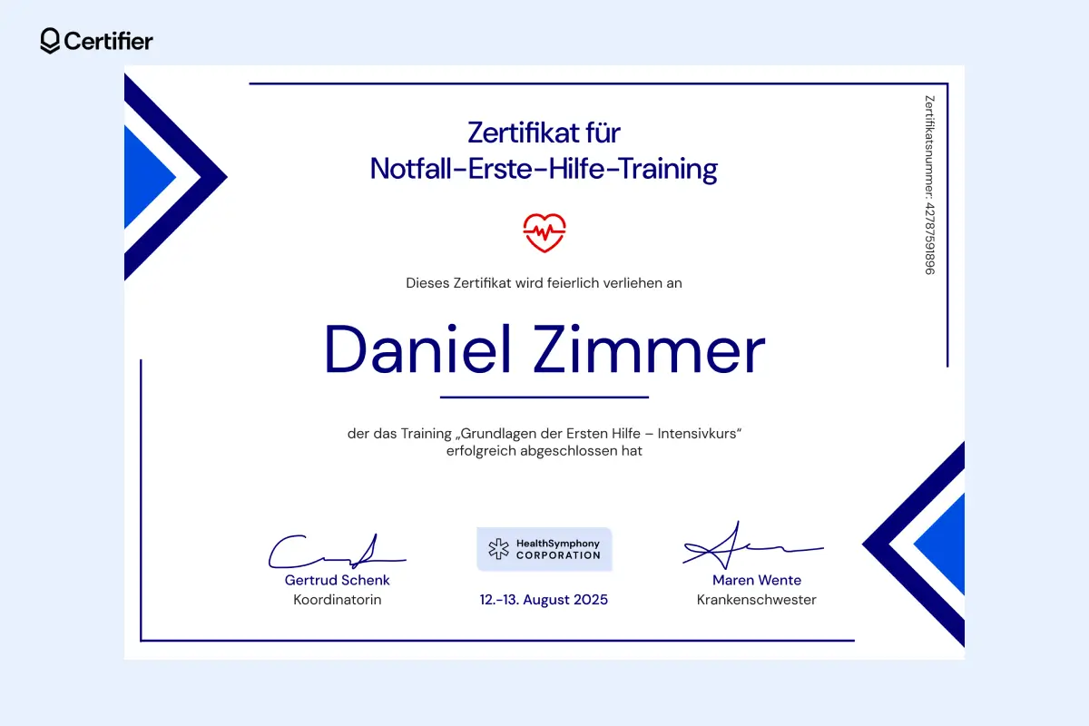 Notfall-Erste-Hilfe-Zertifikat Vorlage mit blauem, geometrischem Design und anpassbaren Feldern für Namen, Kursart und Datum. Notfall-Erste-Hilfe-Zertifikat Vorlage mit blauem, geometrischem Design und anpassbaren Feldern für Namen, Kursart und Datum.