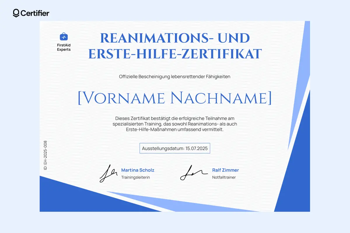 Erste-Hilfe-Zertifikat Vorlage mit wellenförmigem blauen Design und Signaturfeldern. Erste-Hilfe-Zertifikat Vorlage mit wellenförmigem blauen Design und Signaturfeldern.