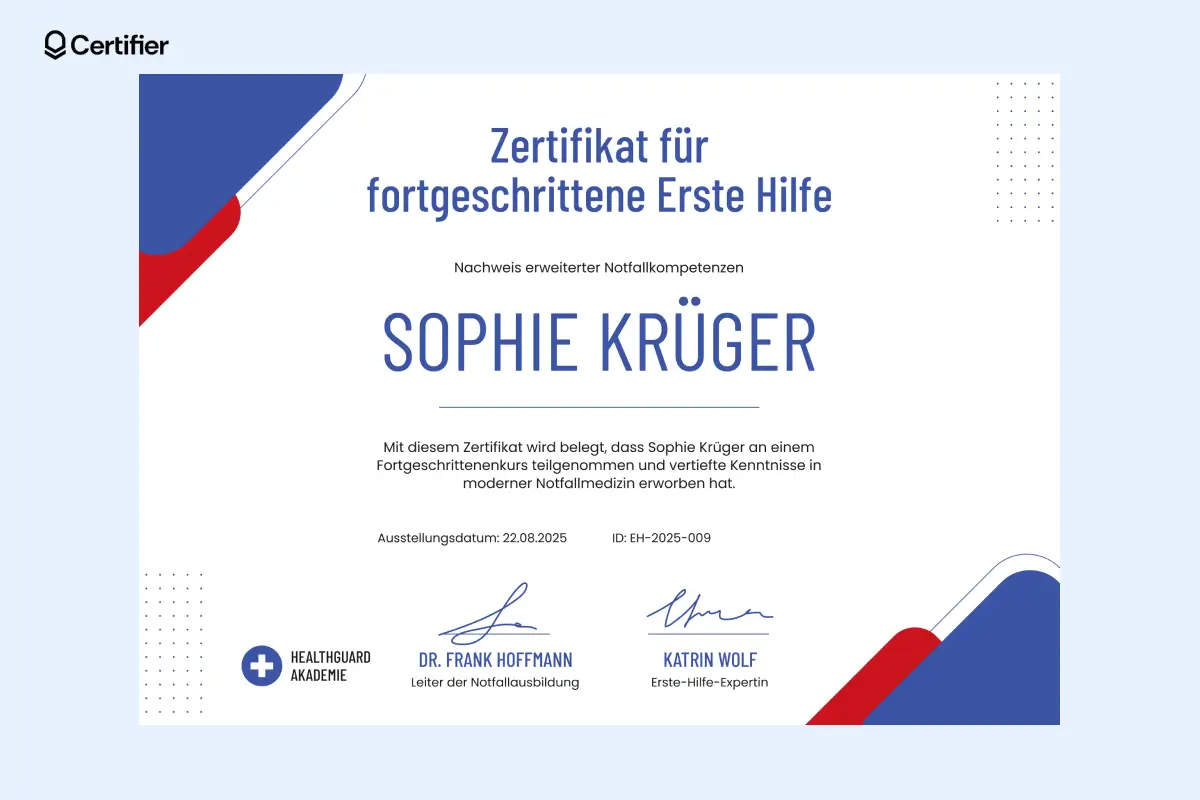 Zertifikatsvorlage für Fortgeschrittenen-Erste-Hilfe mit rot-blauem Design und Feldern für Name, Abschlussdetails und Signaturen. Zertifikatsvorlage für Fortgeschrittenen-Erste-Hilfe mit rot-blauem Design und Feldern für Name, Abschlussdetails und Signaturen.