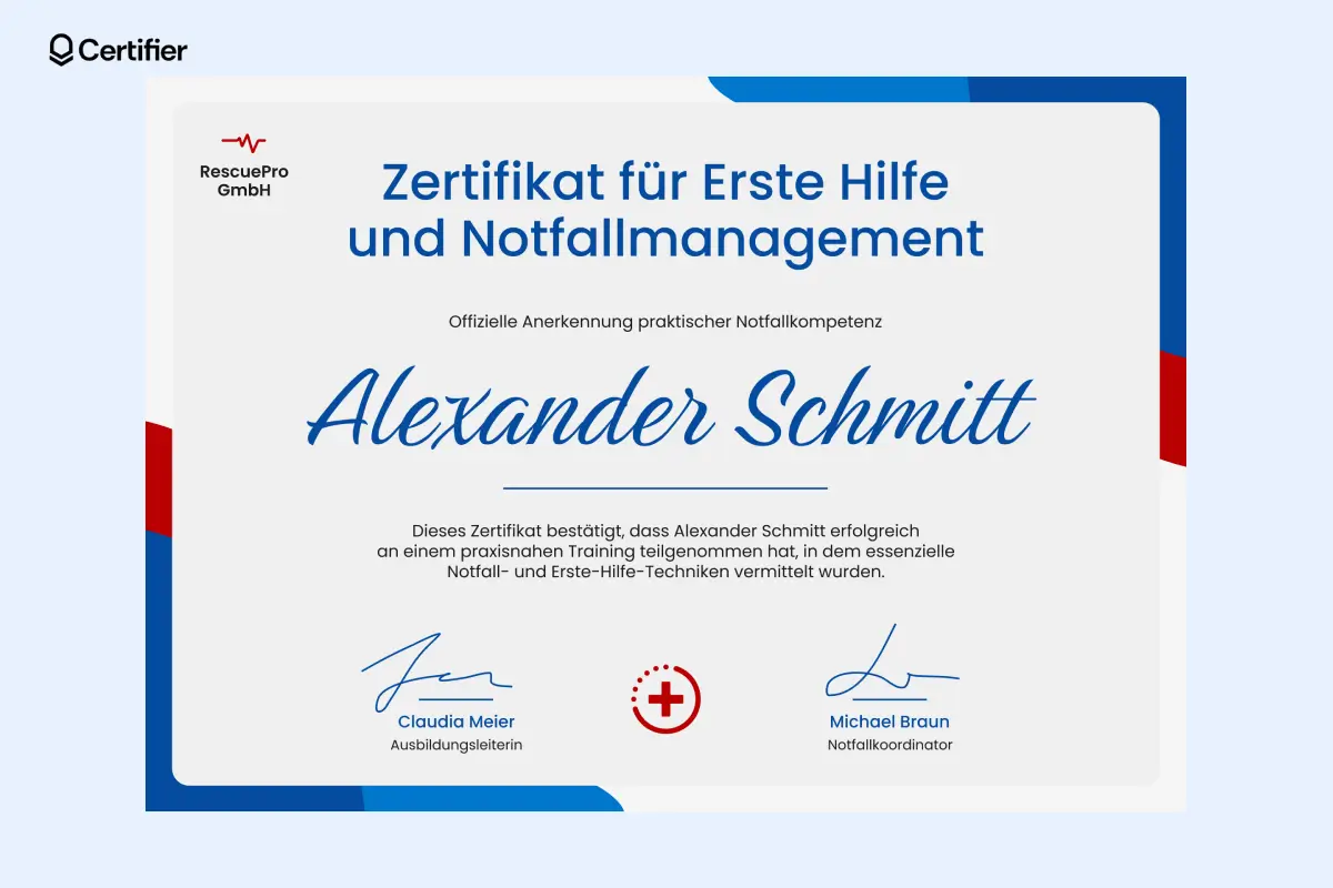 Erste-Hilfe-Zertifikat Vorlage mit roten und blauen Akzenten, Feldern für Namen und Unterschriften. Erste-Hilfe-Zertifikat Vorlage mit roten und blauen Akzenten, Feldern für Namen und Unterschriften.