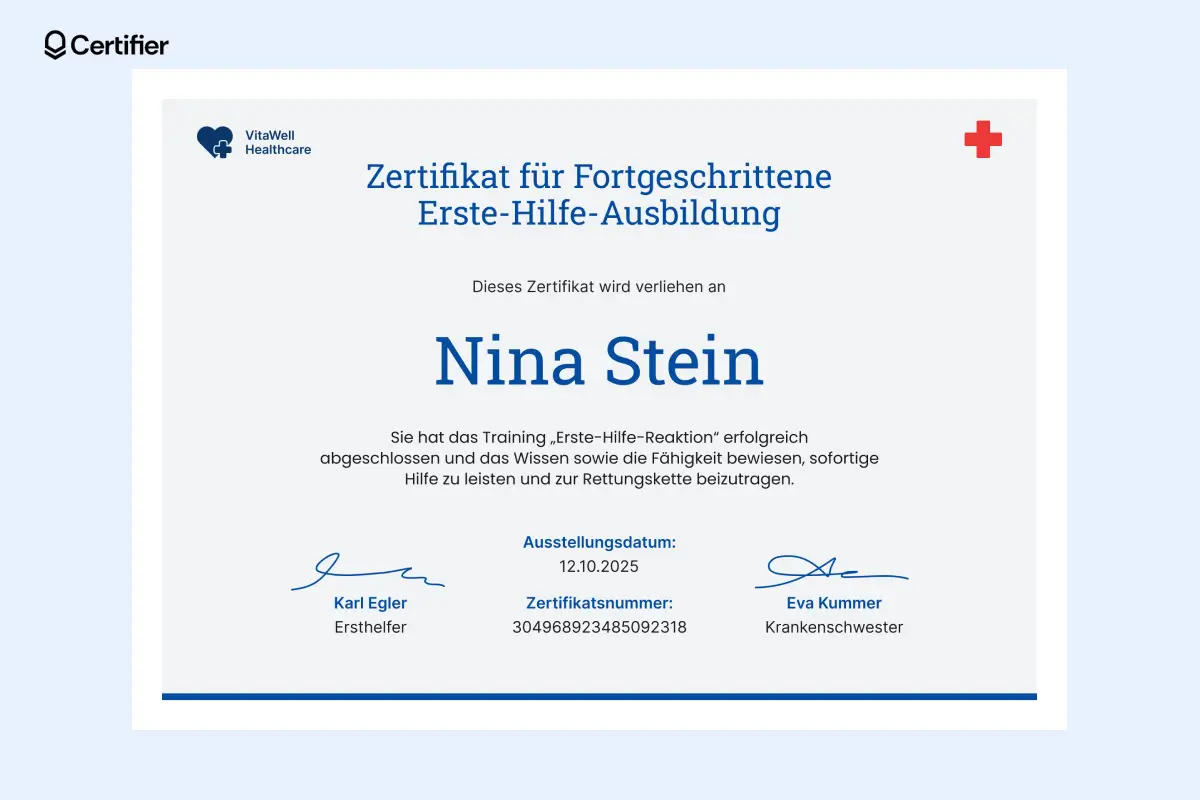 Zertifikatsvorlage für Fortgeschrittenen-Erste-Hilfe mit dunkelblauem Kopfbereich und Signaturfeldern. Zertifikatsvorlage für Fortgeschrittenen-Erste-Hilfe mit dunkelblauem Kopfbereich und Signaturfeldern.