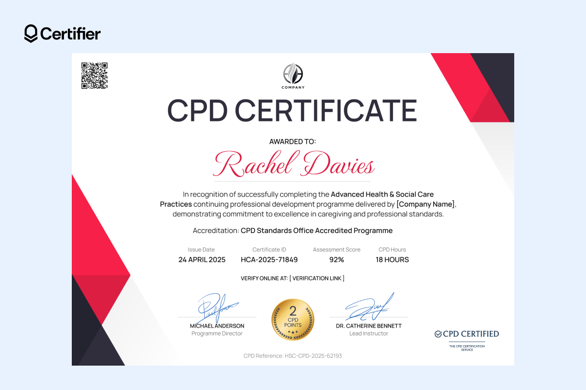 Editable carers certificate sample with CPD header, modern red geometric accents, verification QR code, CPD points badge and dual signature fields. Editable carers certificate sample with CPD header, modern red geometric accents, verification QR code, CPD points badge and dual signature fields.