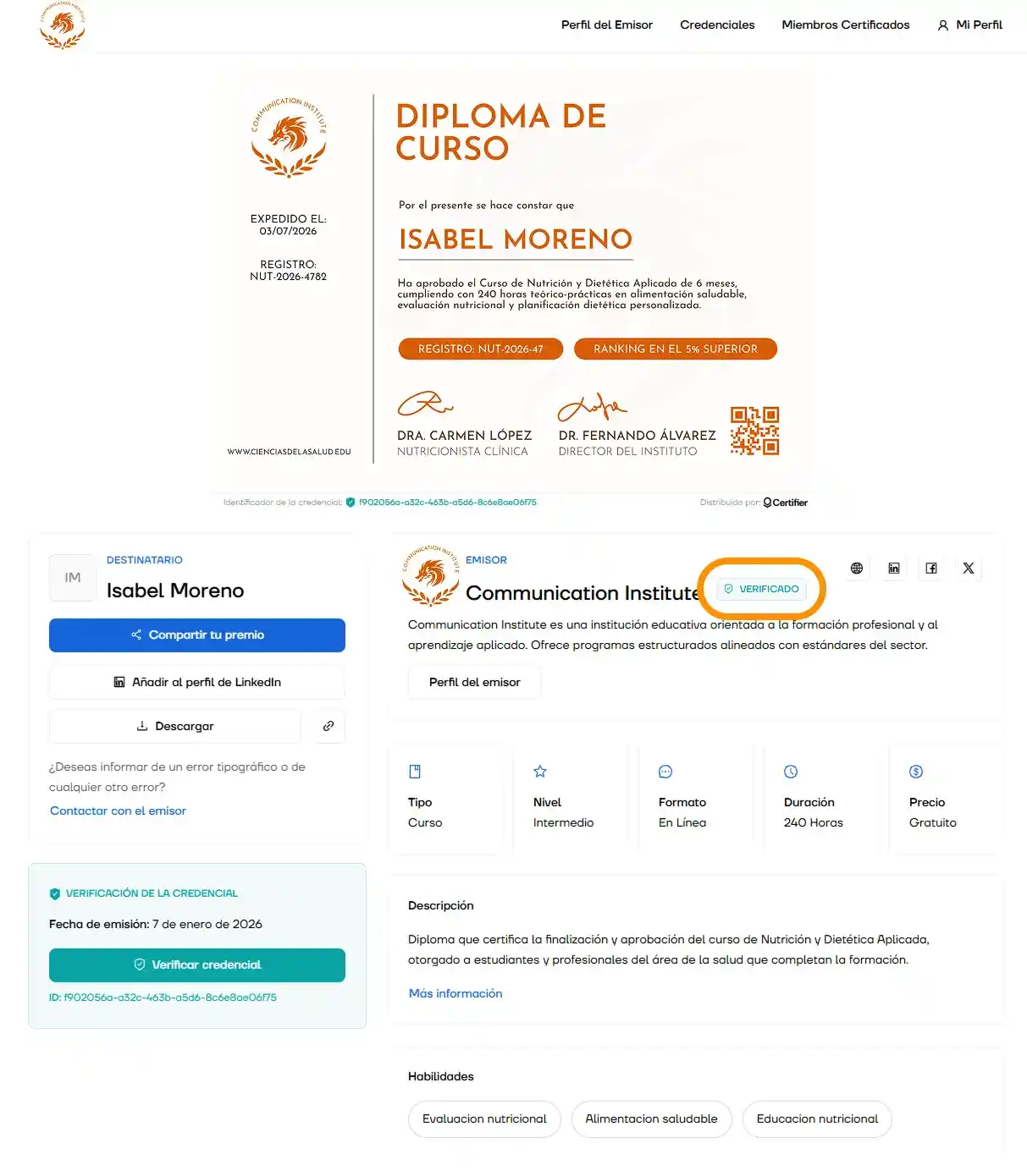 Vista de una credencial digital con emisor verificado, ID único y botón de verificación que muestra cómo verificar si un certificado es original y cómo saber si un diploma es falso mediante una billetera digital segura. Vista de una credencial digital con emisor verificado, ID único y botón de verificación que muestra cómo verificar si un certificado es original y cómo saber si un diploma es falso mediante una billetera digital segura.