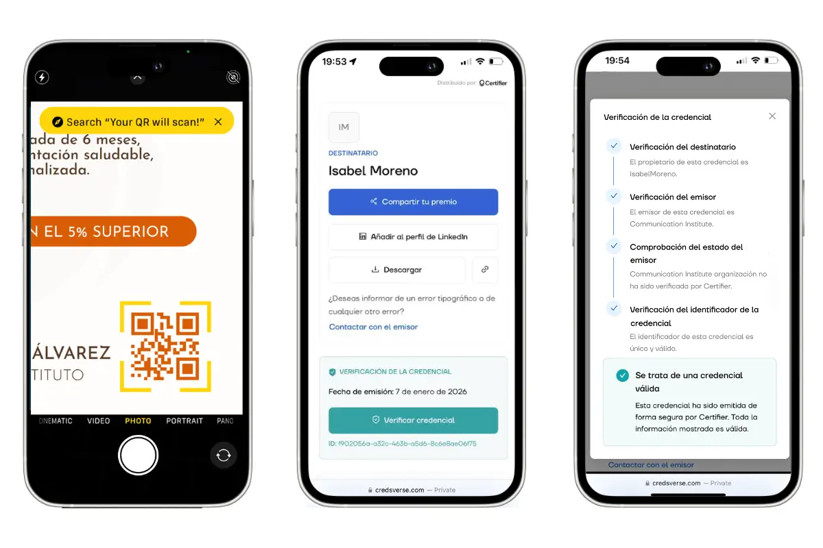 Proceso en móviles que muestra cómo escanear un código QR y verificar una credencial digital paso a paso para comprobar cómo verificar si un certificado es original o falso. Proceso en móviles que muestra cómo escanear un código QR y verificar una credencial digital paso a paso para comprobar cómo verificar si un certificado es original o falso.