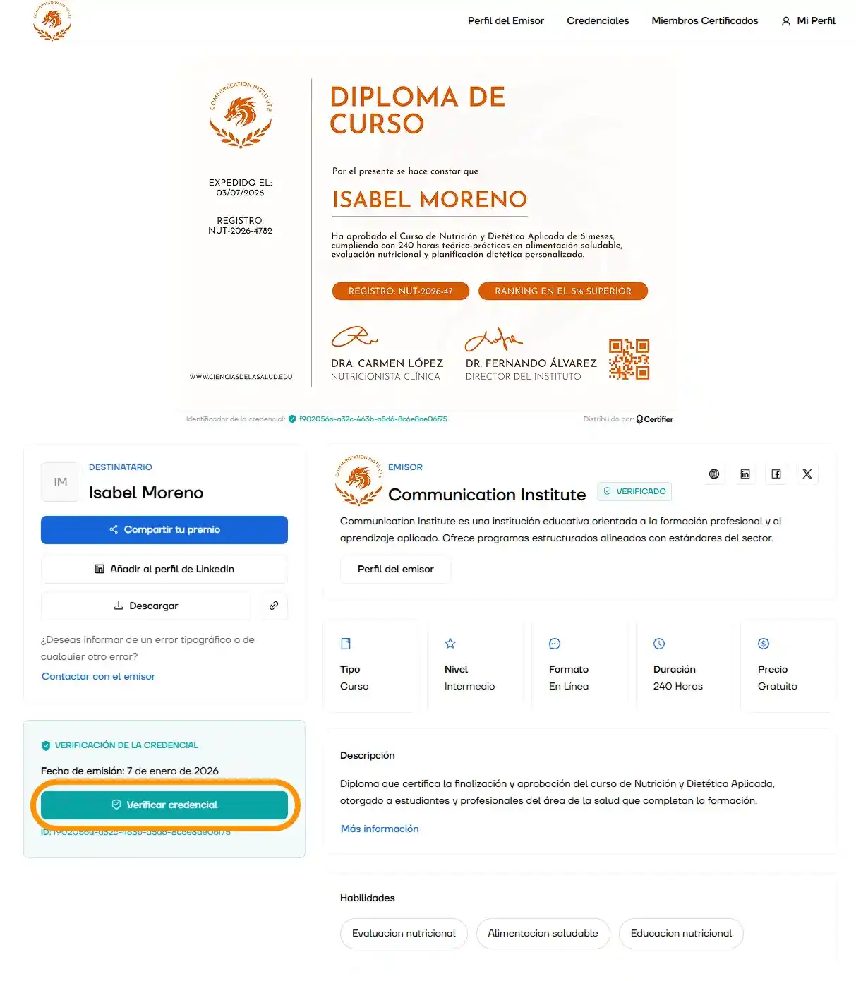 Vista de certificado digital con botón de verificación para comprobar cómo saber si un diploma es falso en línea. Vista de certificado digital con botón de verificación para comprobar cómo saber si un diploma es falso en línea.
