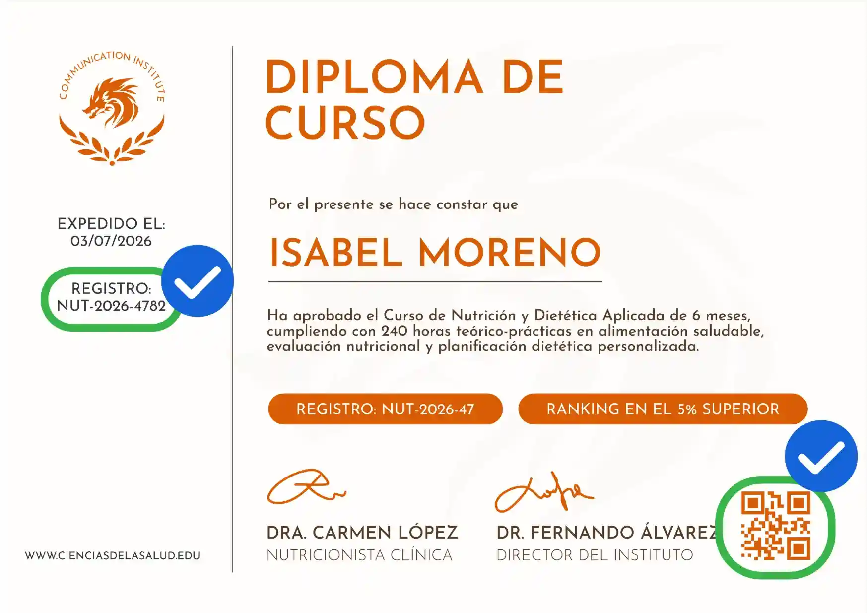 Certificado digital con nombre del destinatario, número de registro y código QR visible para verificar si un certificado es original o falso. Certificado digital con nombre del destinatario, número de registro y código QR visible para verificar si un certificado es original o falso.