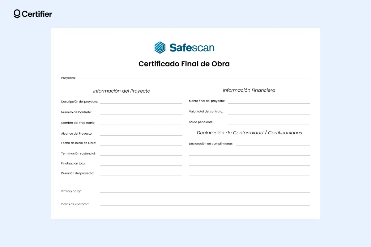 Certificado minimalista de finalización con logotipo azul, título en negrita y datos del proyecto. Certificado minimalista de finalización con logotipo azul, título en negrita y datos del proyecto.