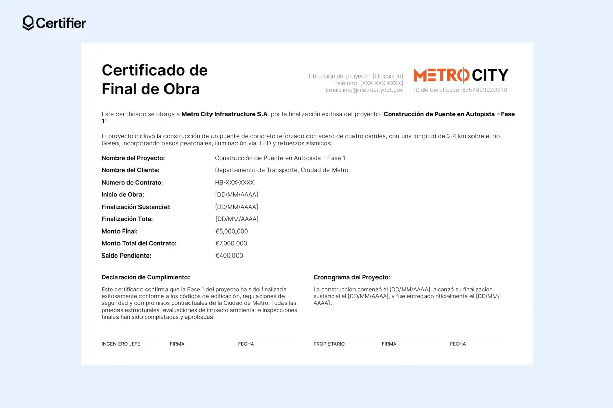 Modelo de certificado de finalización de construcción con secciones clave para datos legales y permisos. Modelo de certificado de finalización de construcción con secciones clave para datos legales y permisos.